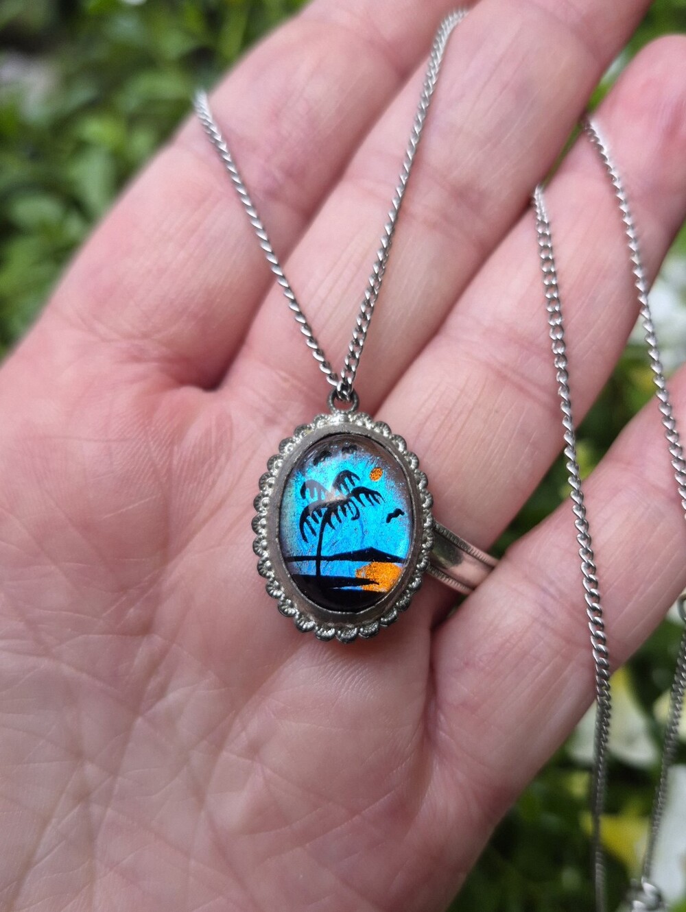 Vintage Morpho Butterfly Reversible Mountain Beach Sunset Pendant Necklace 18"